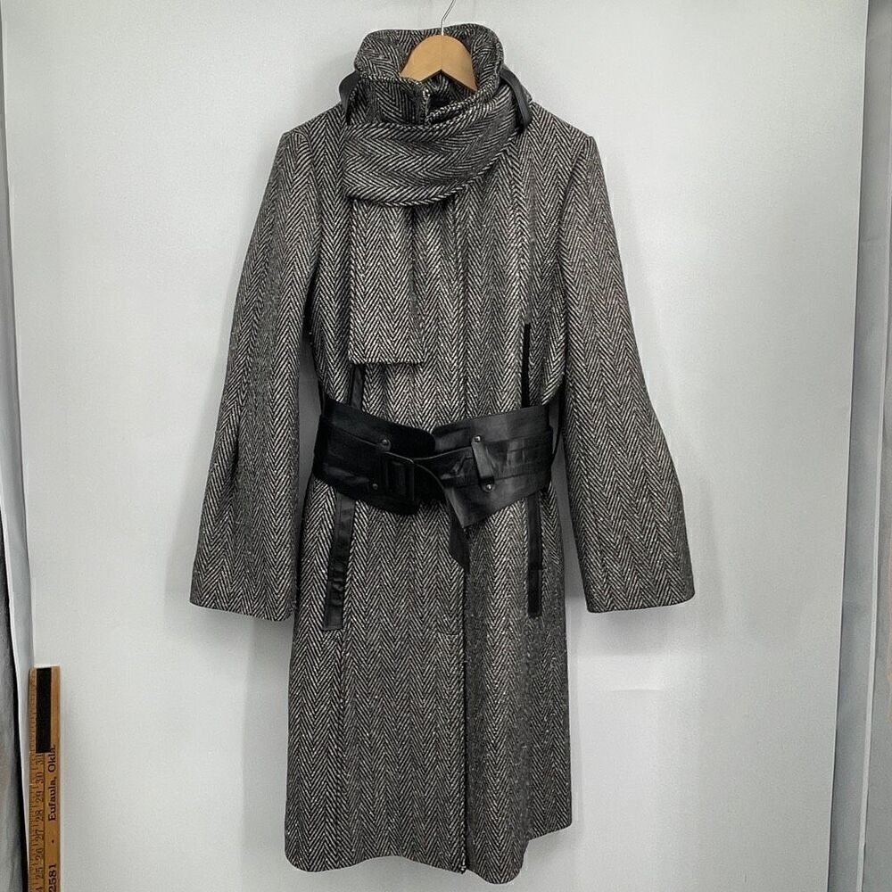 Mackage Gray Black Leather Belted Herringbone Wool Blend Pea Coat Size Large NWT